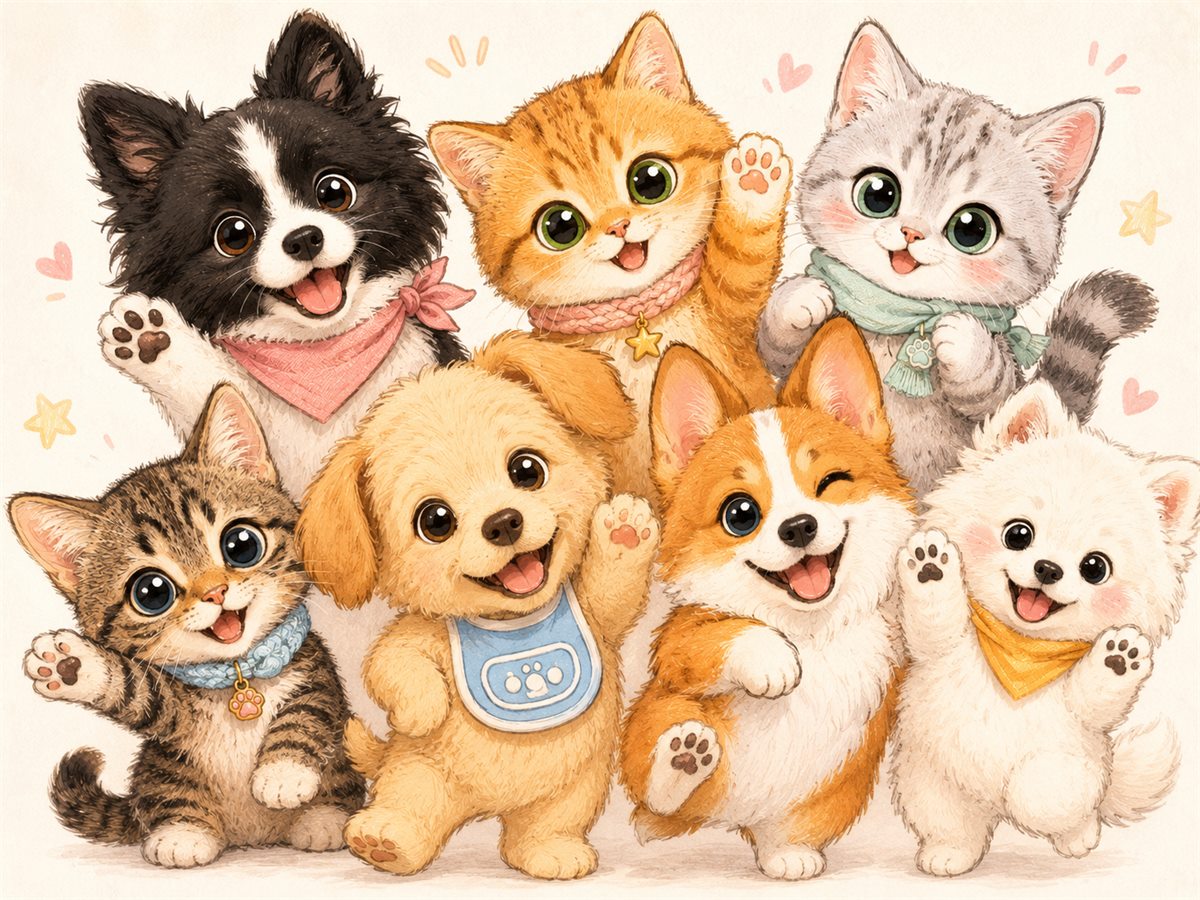 戴着围巾的可爱猫狗插画